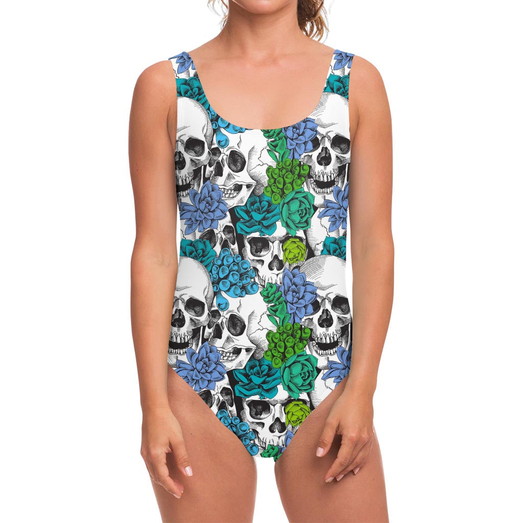 Green Blue Flowers Skull Pattern Print One Piece Swimsuit