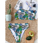 Green Blue Flowers Skull Pattern Print One Shoulder Bikini Top