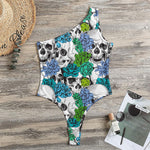 Green Blue Flowers Skull Pattern Print One Shoulder Bodysuit