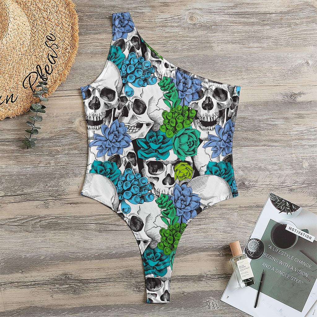 Green Blue Flowers Skull Pattern Print One Shoulder Bodysuit
