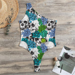 Green Blue Flowers Skull Pattern Print One Shoulder Bodysuit