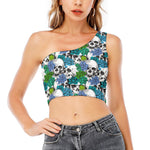Green Blue Flowers Skull Pattern Print One Shoulder Crop Top