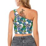 Green Blue Flowers Skull Pattern Print One Shoulder Crop Top
