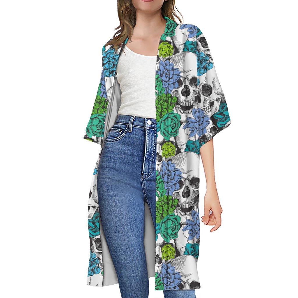 Green Blue Flowers Skull Pattern Print Open Front Beach Cover Up