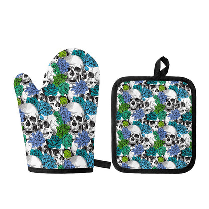 Green Blue Flowers Skull Pattern Print Oven Mitt And Pot Holder Set