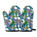 Green Blue Flowers Skull Pattern Print Oven Mitts