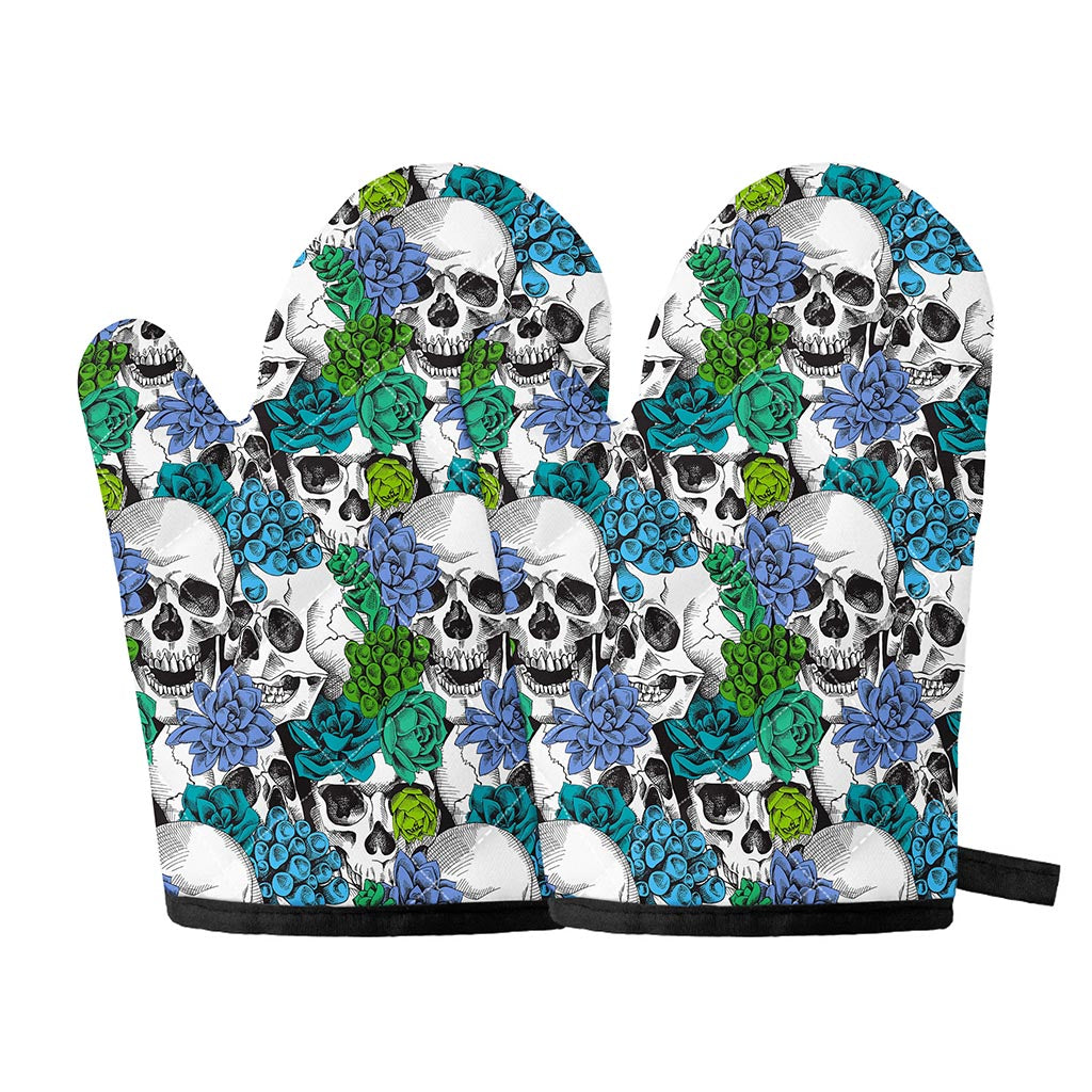 Green Blue Flowers Skull Pattern Print Oven Mitts