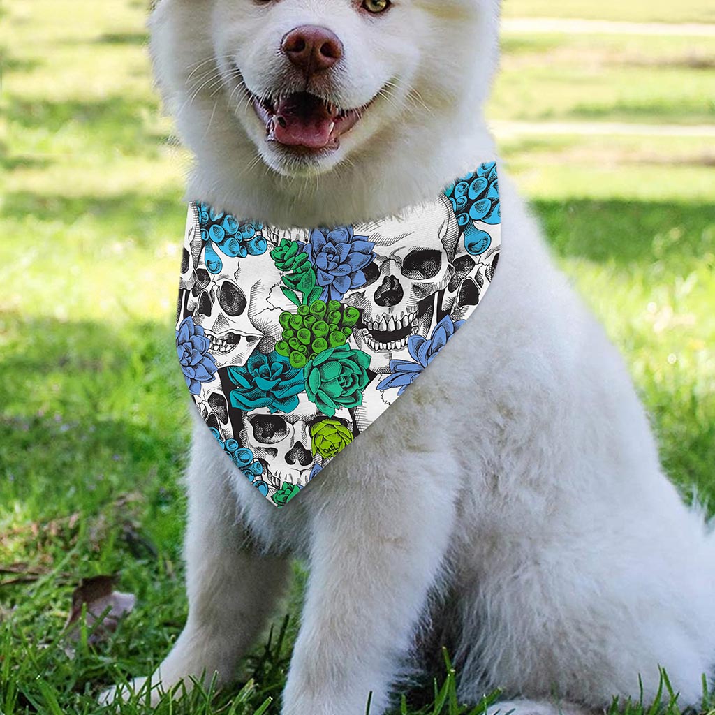 Green Blue Flowers Skull Pattern Print Over The Collar Dog Bandana