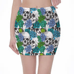 Green Blue Flowers Skull Pattern Print Pencil Mini Skirt