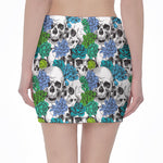 Green Blue Flowers Skull Pattern Print Pencil Mini Skirt