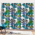 Green Blue Flowers Skull Pattern Print Pencil Pleat Curtains