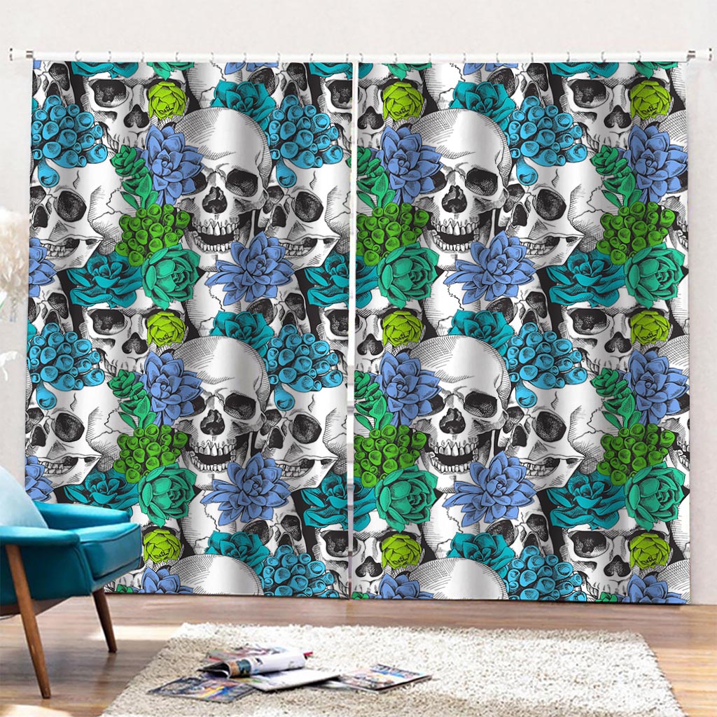 Green Blue Flowers Skull Pattern Print Pencil Pleat Curtains