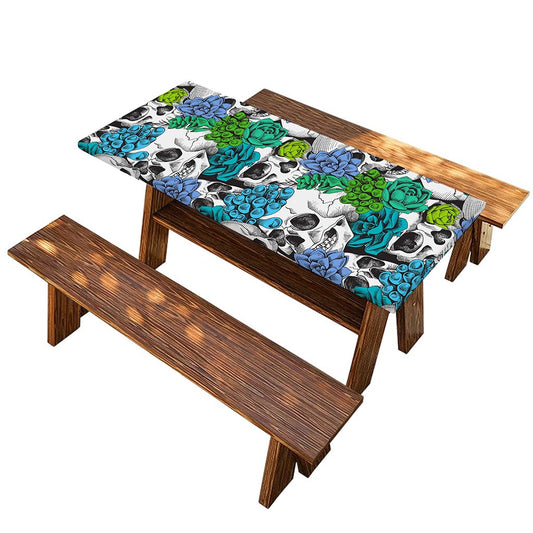 Green Blue Flowers Skull Pattern Print Picnic Table Cover