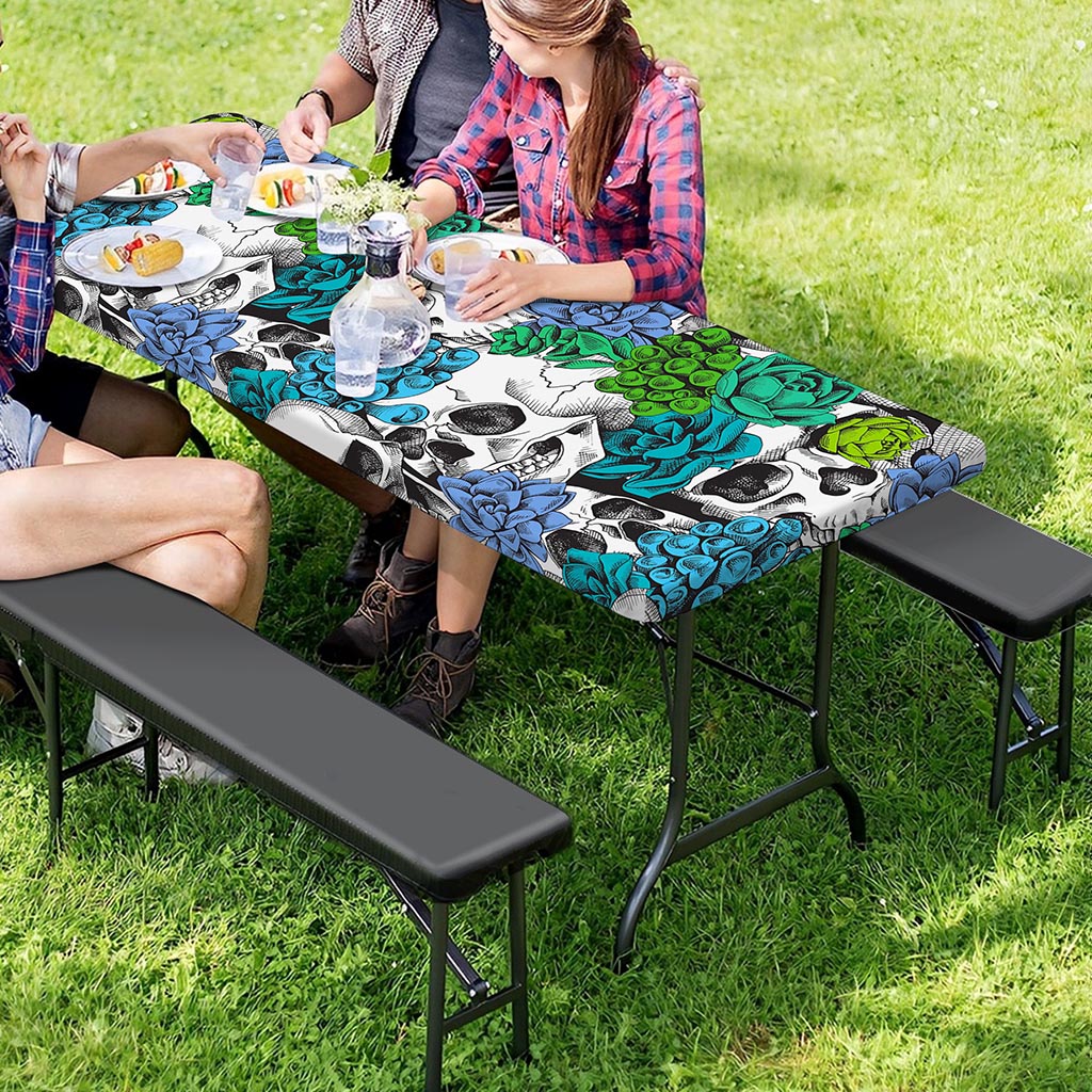 Green Blue Flowers Skull Pattern Print Picnic Table Cover