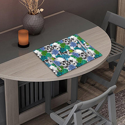 Green Blue Flowers Skull Pattern Print Placemat