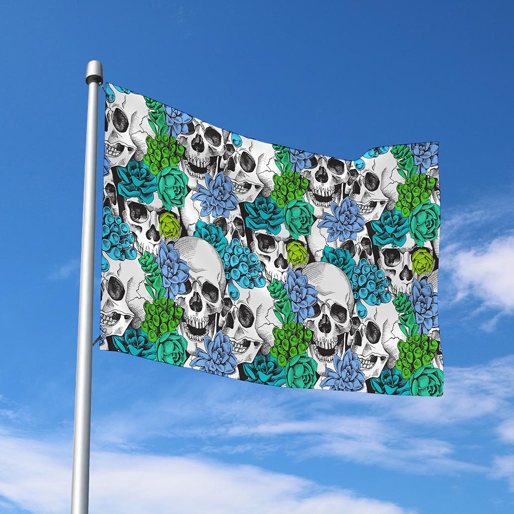 Green Blue Flowers Skull Pattern Print Polyester Flag