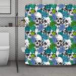 Green Blue Flowers Skull Pattern Print Polyester Shower Curtain