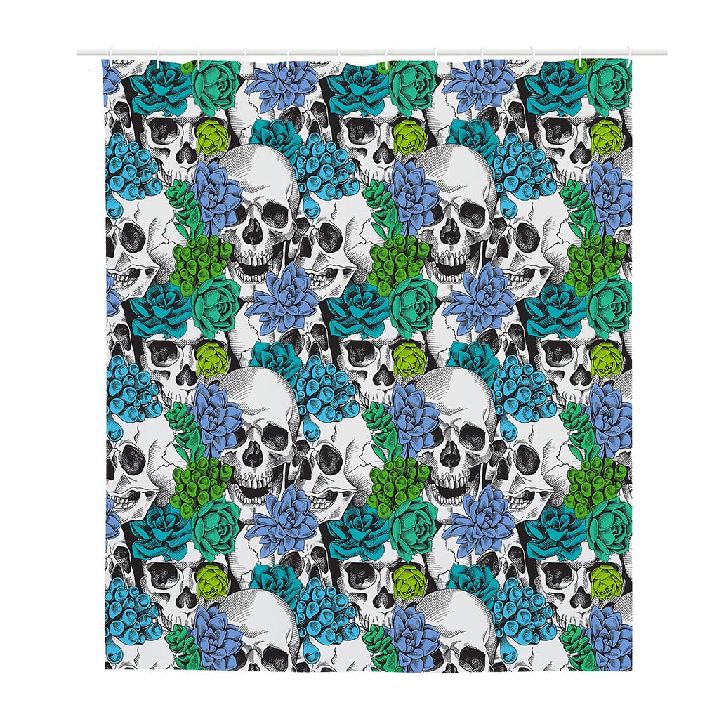 Green Blue Flowers Skull Pattern Print Polyester Shower Curtain