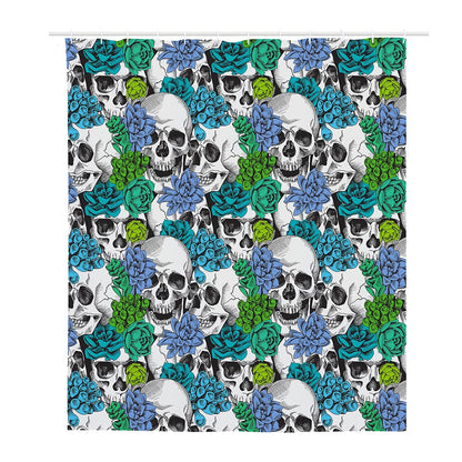 Green Blue Flowers Skull Pattern Print Polyester Shower Curtain