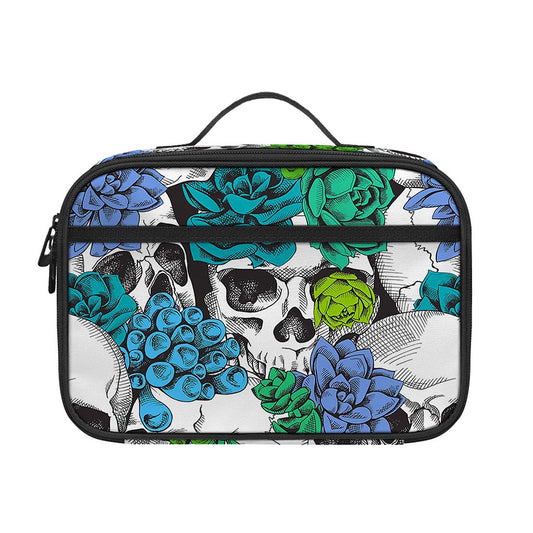 Green Blue Flowers Skull Pattern Print Portable Lunch Bag