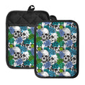Green Blue Flowers Skull Pattern Print Pot Holders With Pocket