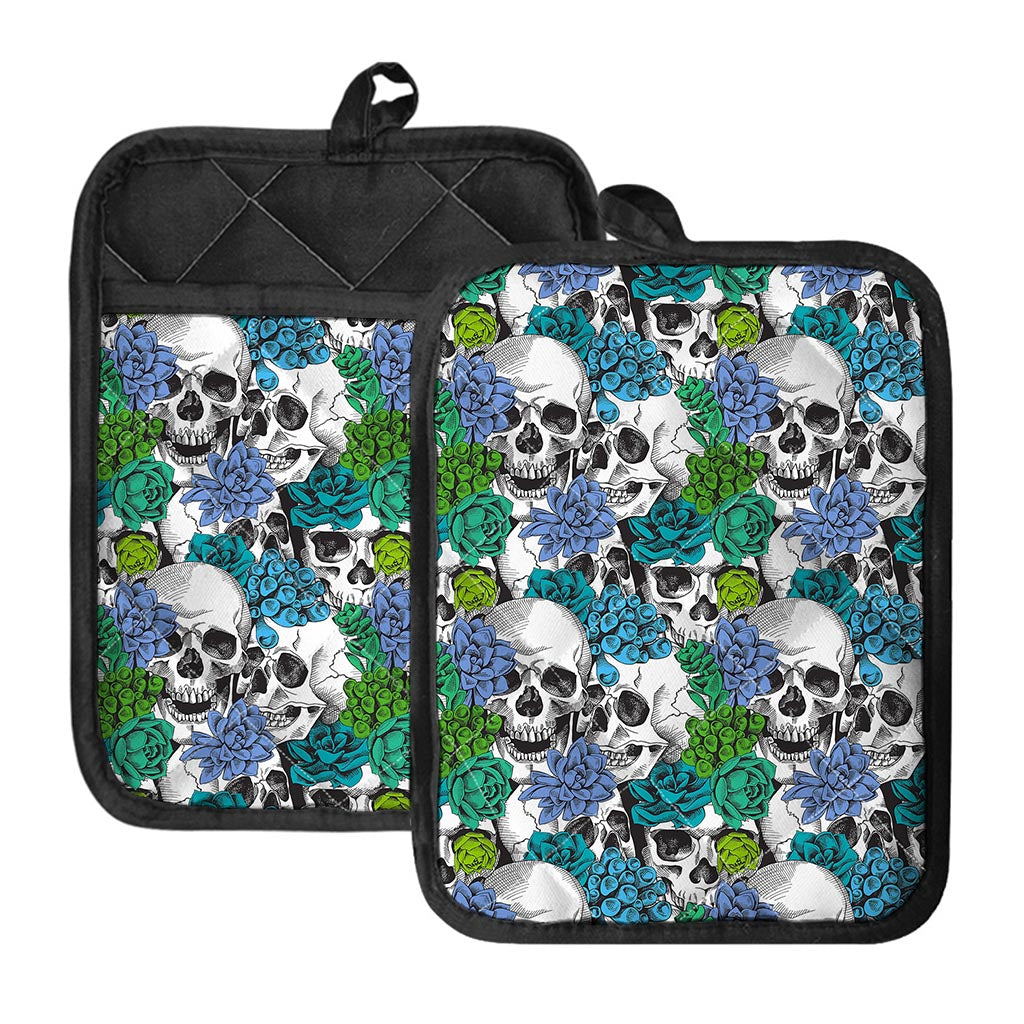 Green Blue Flowers Skull Pattern Print Pot Holders With Pocket