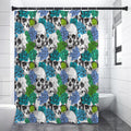 Green Blue Flowers Skull Pattern Print Premium Shower Curtain