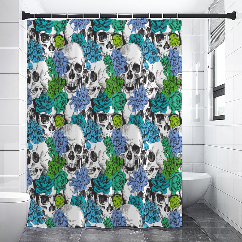 Green Blue Flowers Skull Pattern Print Premium Shower Curtain