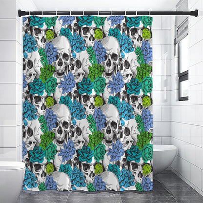 Green Blue Flowers Skull Pattern Print Premium Shower Curtain