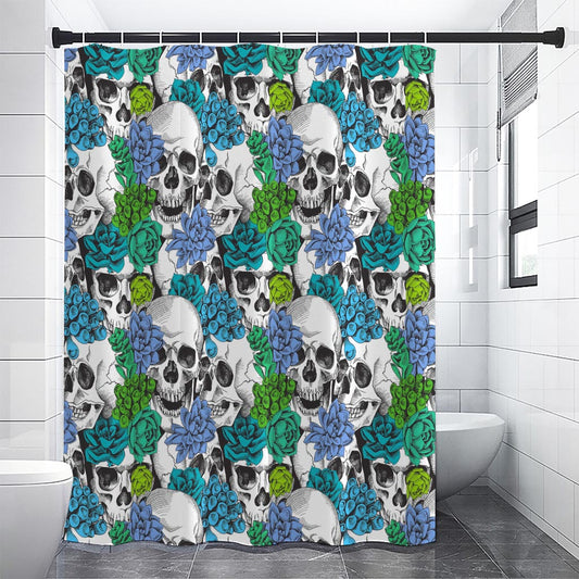 Green Blue Flowers Skull Pattern Print Premium Shower Curtain