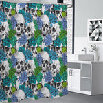 Green Blue Flowers Skull Pattern Print Premium Shower Curtain