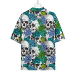 Green Blue Flowers Skull Pattern Print Rayon Hawaiian Shirt