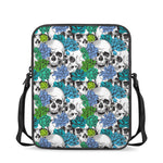 Green Blue Flowers Skull Pattern Print Rectangular Crossbody Bag