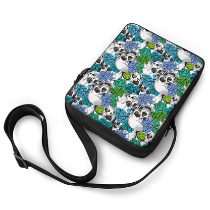 Green Blue Flowers Skull Pattern Print Rectangular Crossbody Bag