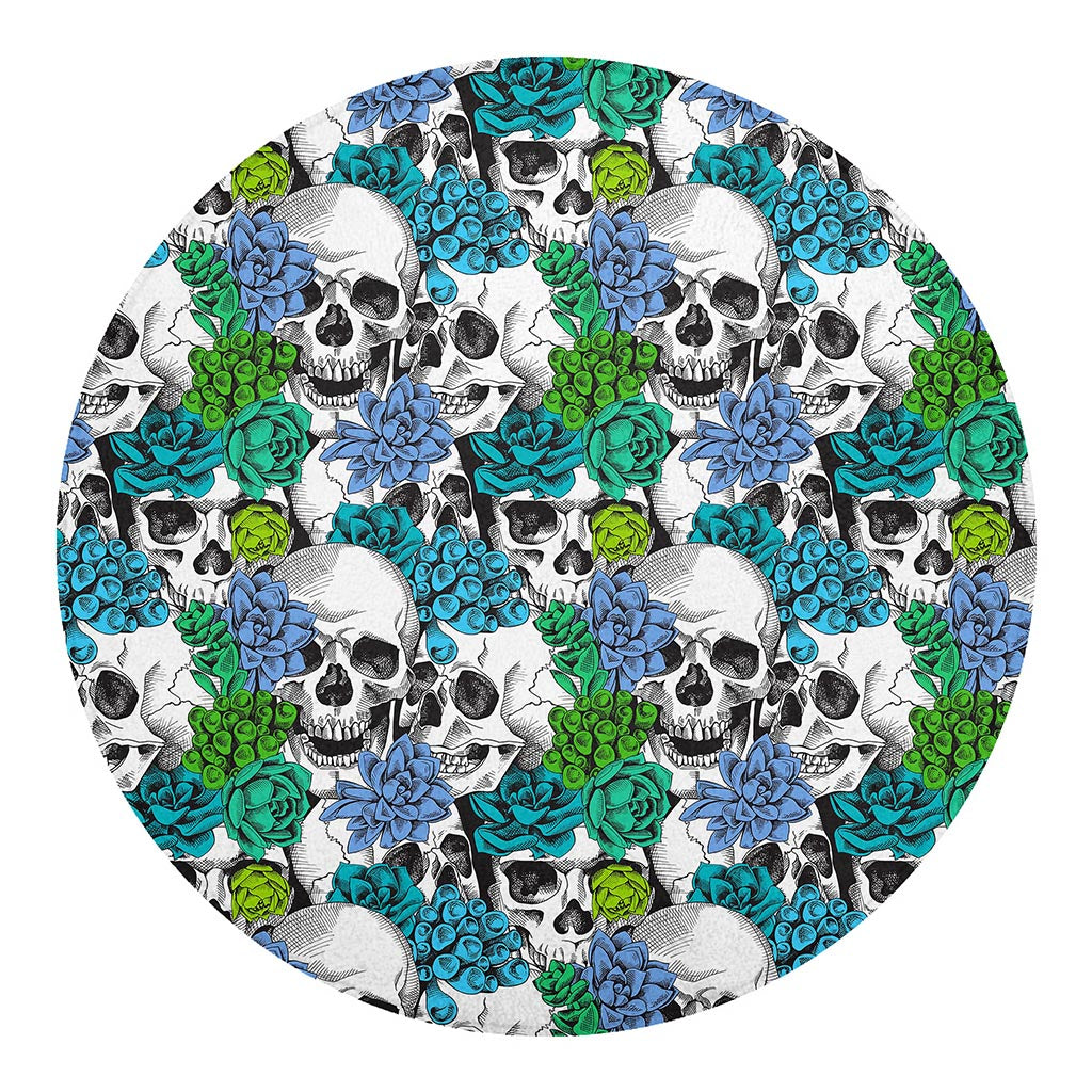 Green Blue Flowers Skull Pattern Print Round Blanket