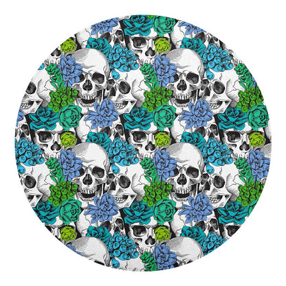 Green Blue Flowers Skull Pattern Print Round Blanket