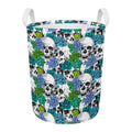 Green Blue Flowers Skull Pattern Print Round Laundry Basket