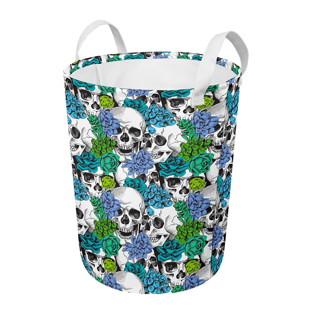 Green Blue Flowers Skull Pattern Print Round Laundry Basket