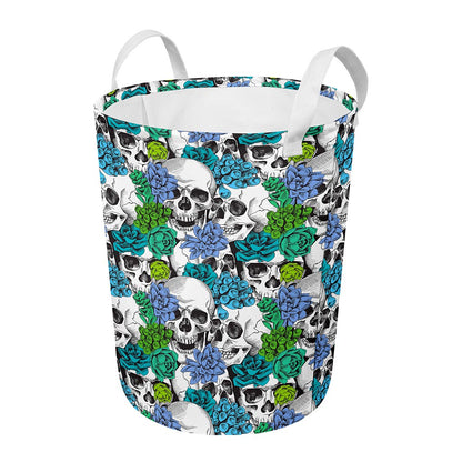 Green Blue Flowers Skull Pattern Print Round Laundry Basket