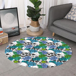Green Blue Flowers Skull Pattern Print Round Rug