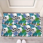 Green Blue Flowers Skull Pattern Print Rubber Doormat