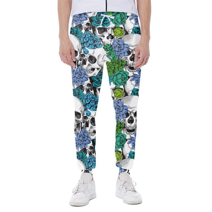 Green Blue Flowers Skull Pattern Print Scuba Joggers