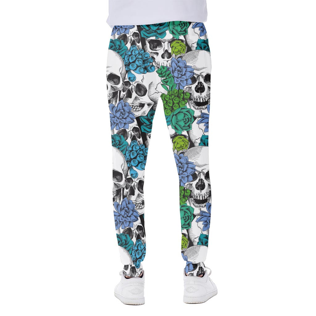 Green Blue Flowers Skull Pattern Print Scuba Joggers