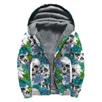 Green Blue Flowers Skull Pattern Print Sherpa Lined Zip Up Hoodie