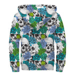 Green Blue Flowers Skull Pattern Print Sherpa Lined Zip Up Hoodie