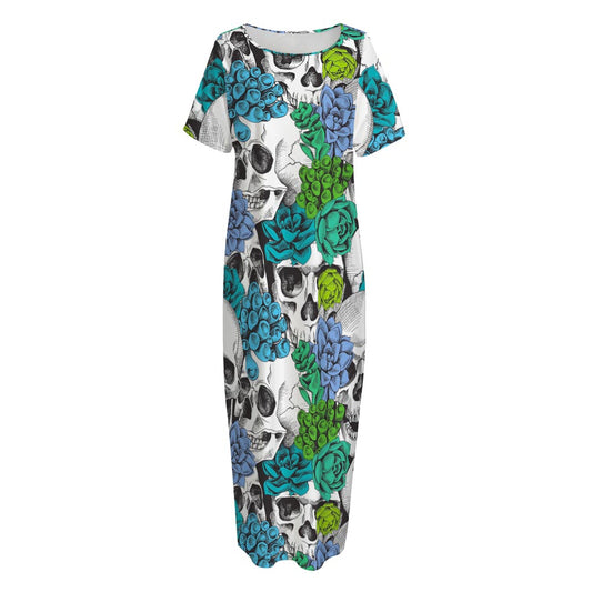 Green Blue Flowers Skull Pattern Print Short Sleeve Long Nightdress
