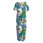 Green Blue Flowers Skull Pattern Print Short Sleeve Long Nightdress
