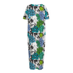 Green Blue Flowers Skull Pattern Print Short Sleeve Long Nightdress