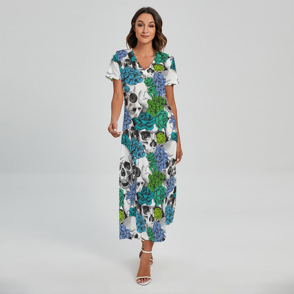 Green Blue Flowers Skull Pattern Print Short Sleeve Maxi Dress