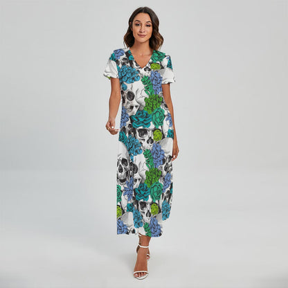 Green Blue Flowers Skull Pattern Print Short Sleeve Maxi Dress